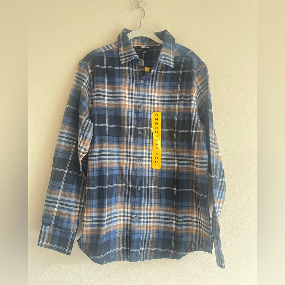 Eddie Bauer Navy and Beige Plaid Shirt Size Medium